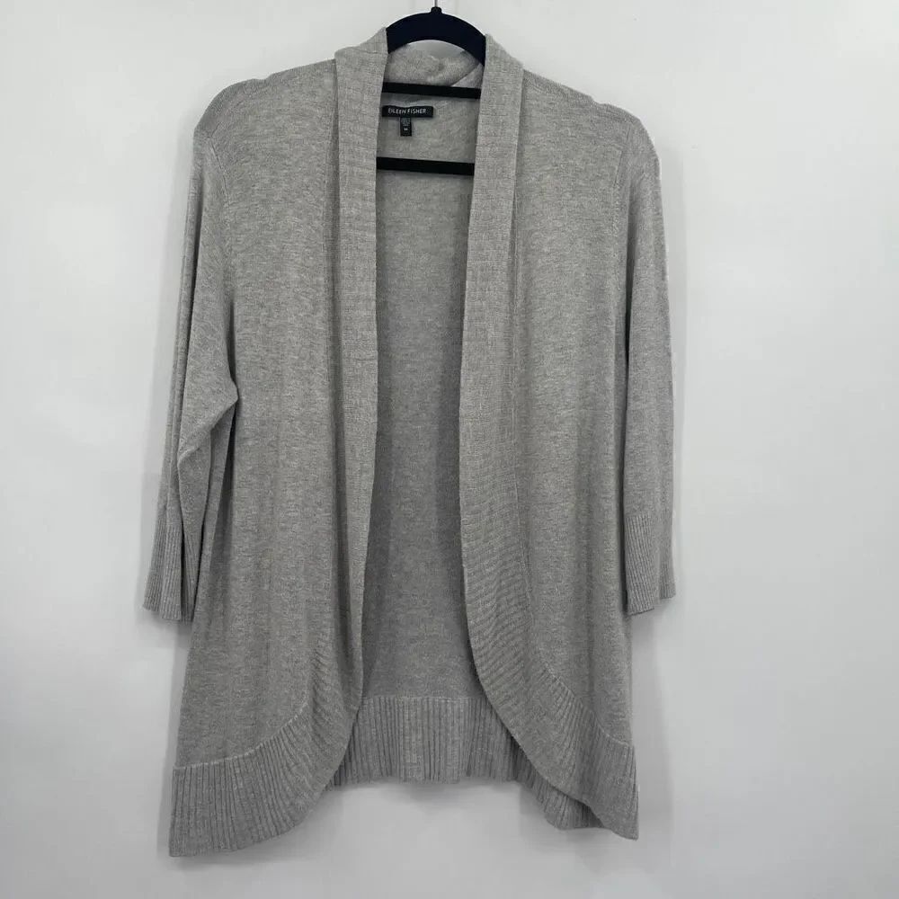 Eileen Fisher Open Front Ribbed Tight Knit Gray Cardigan Sweater Size M